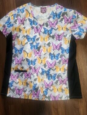 Butterfly Print Scrub Top - White with Blue, Purple & Yellow Butterflies